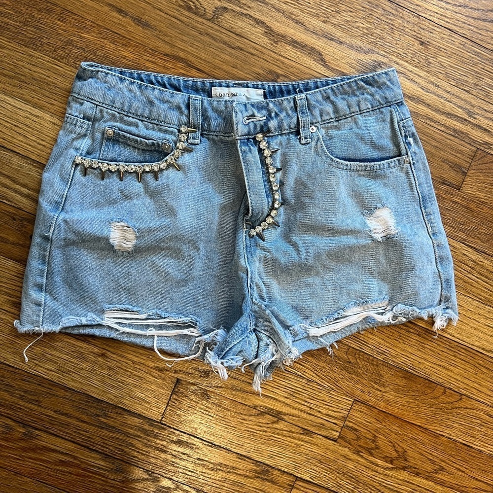 Blue Jean Shorts with Frayed Hem and Distressed Look